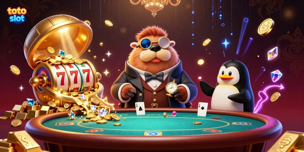 Experience the excitement of toto slot with a cartoon walrus and friends at a vibrant casino scene.