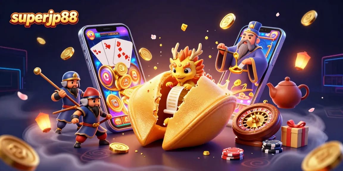 Experience vivid gaming excitement with superjp88, featuring a fortune cookie, golden coins, and vibrant slot elements.