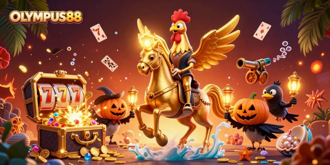 Engage with OLYMPUS88's vibrant scene with golden rooster and treasures at a midnight casino.