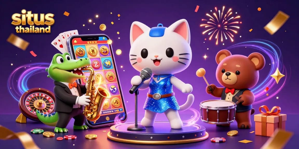 Situs Thailand slot action featuring a jazzy cat singer, crocodile saxophonist, and bear drummer, all amidst vibrant casino elements.