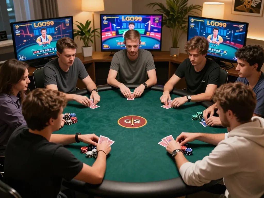 LGO99 Situs Game Online Terpercaya Di INDONESIA engaging players in a vibrant live poker game setup.