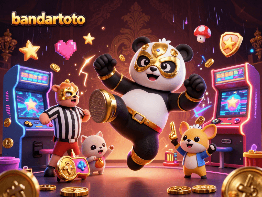 Join the excitement at bandartoto as a panda wrestler flies through the air in a vibrant casino scene.