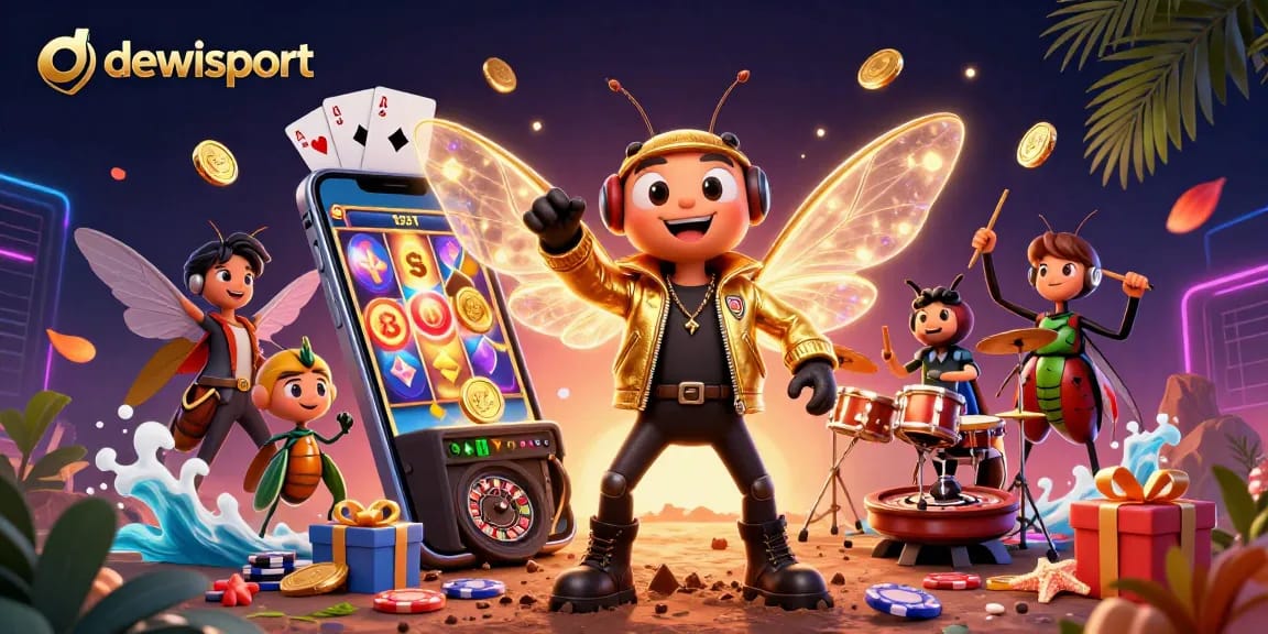 Experience the thrill of dewisport with a vibrant 3D casino scene featuring a rock star and dynamic game elements.
