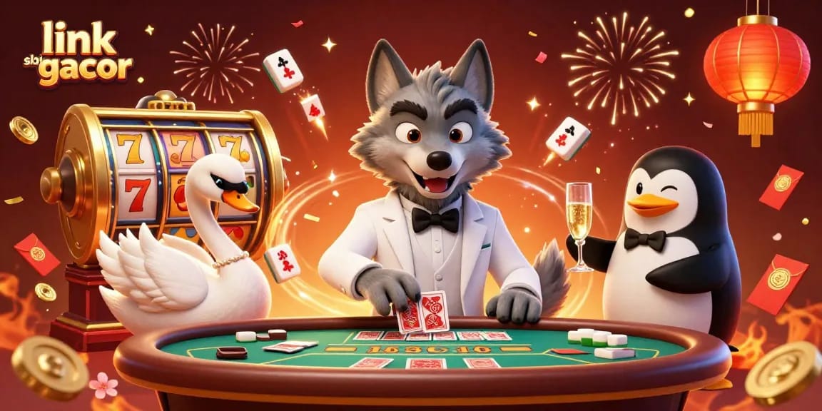 Experience thrilling wins with link slot gacor as a debonair wolf plays baccarat, surrounded by festive elements.