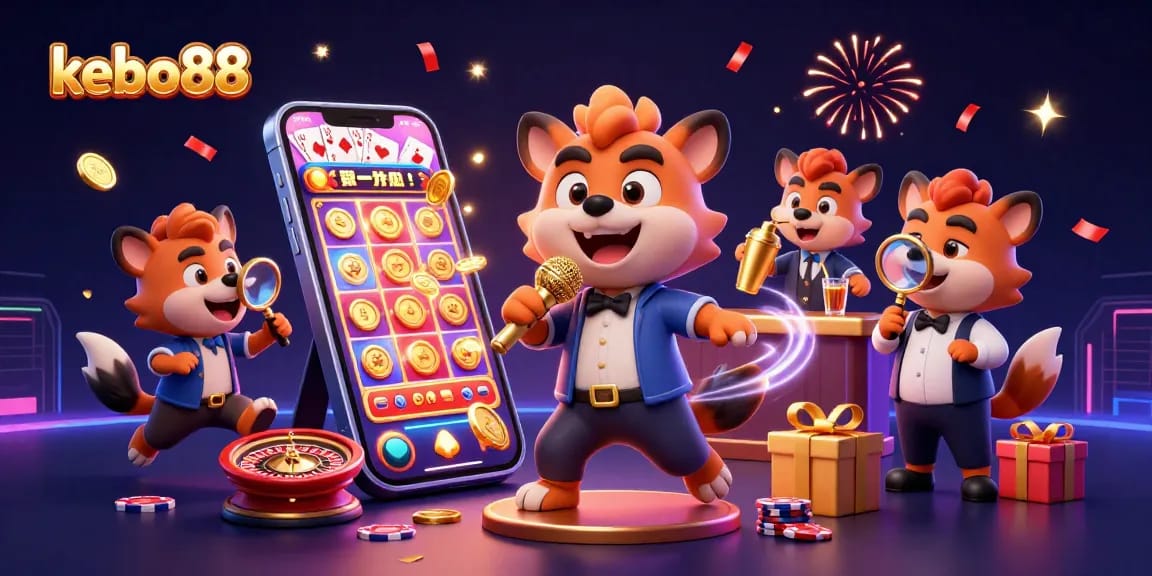 Kebo88 menghadirkan ilustrasi kasino dengan hyena yang beraksi, menampilkan permainan slot berwarna-warni dan koin emas bertebaran.