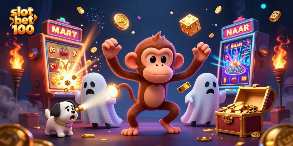 Slot bet 100 menunjukkan mesin slot memukau dengan koin berkilauan dan karakter yang menghibur.