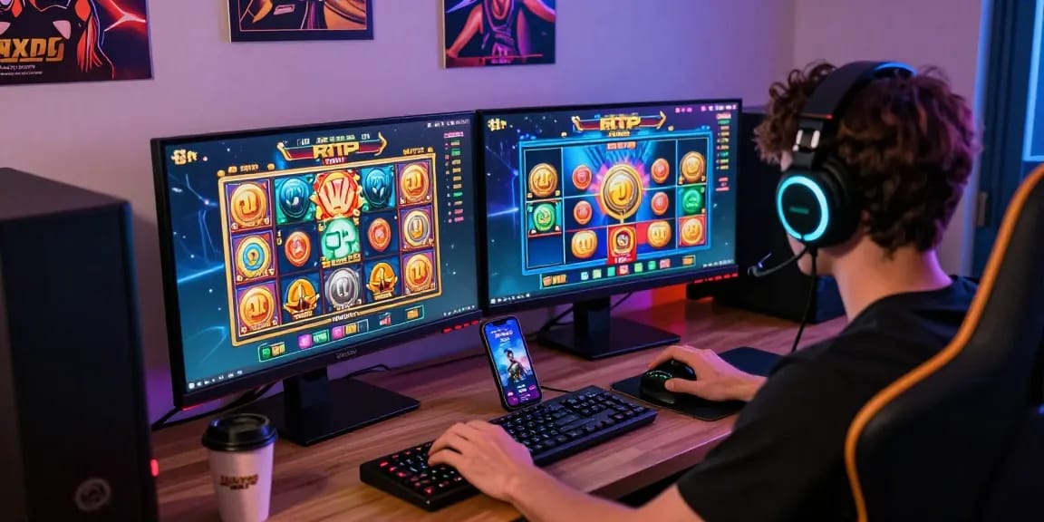 Player immersed in slot games with vibrant interface and real-time RTP data.