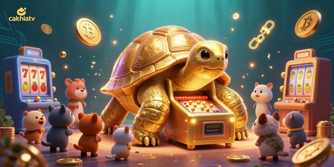 Experience exciting gameplay with cakhiatv's vibrant 3D scene, showcasing dynamic slot machines and cryptocurrencies.