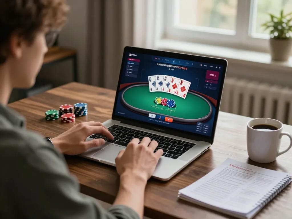 CM88 player strategizing their next move while engaging in online poker gaming at home