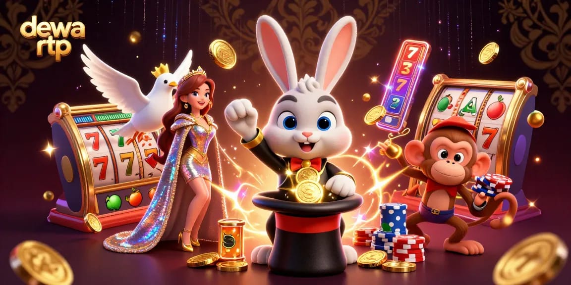 Dewa RTP menghadirkan ilustrasi menarik dengan kelinci penyihir menarik koin emas dari topi, memukau pemain slot.