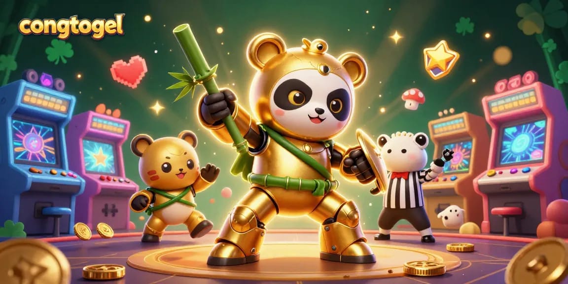 Join the fun at CongTogel with a thrilling 3D digital illustration of a mech-suit golden panda in an animated casino arena