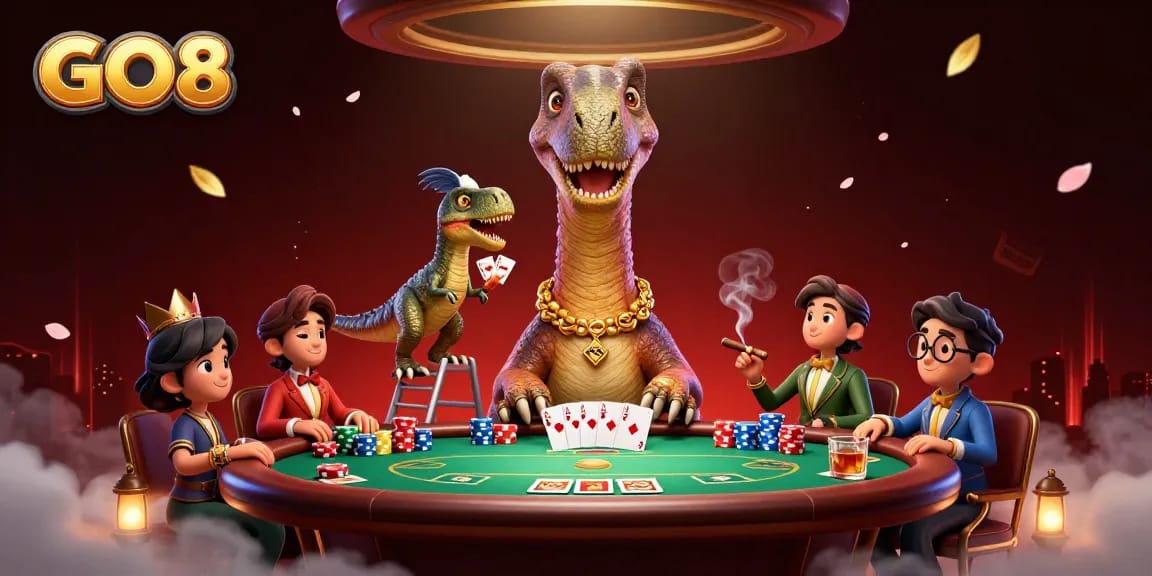 GO8 entertains with a vibrant 3D casino scene featuring a giant brontosaurus and clever card dealer.