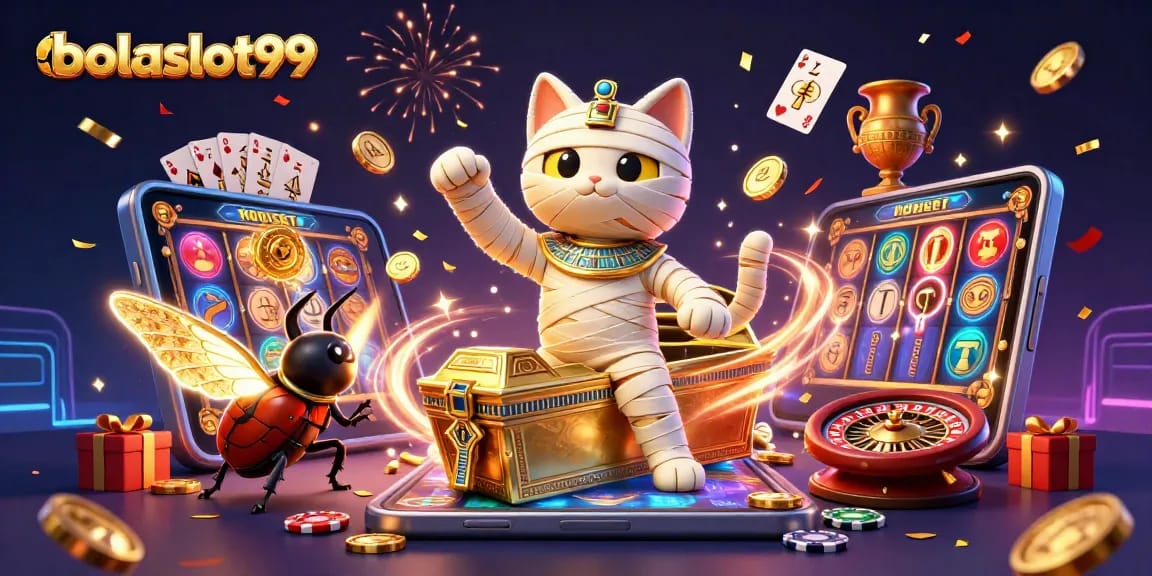 Spin winning reels with bolaslot99 featuring an Egyptian mummy cat and vibrant casino elements.