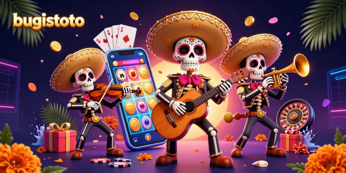 Bugistoto menghidupkan suasana kasino dengan band mariachi, slot game, dan koin emas.