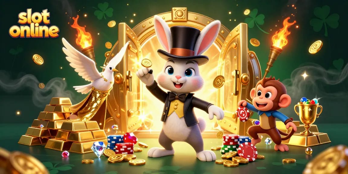 Menggali peluang slot online dengan gambar kartu dan koin emas dari magician berbulu.