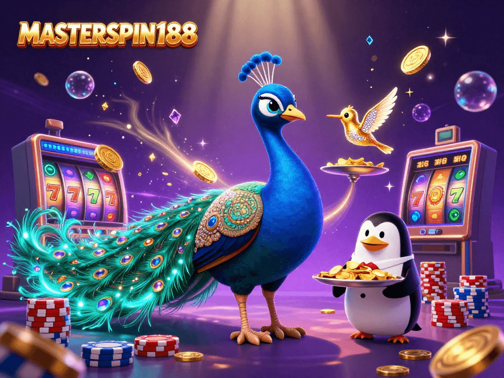 Win big on MASTERSPIN188 as a peacock, penguin, and hummingbird delight in vibrant casino treasures.