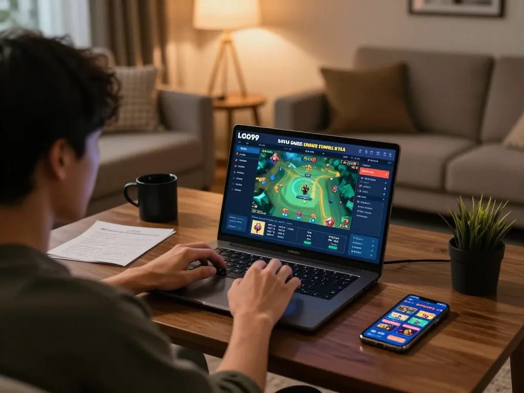 LGO99 Situs Game Online Terpercaya Di INDONESIA is showcased through an engaging online gaming scene with a person using a laptop.