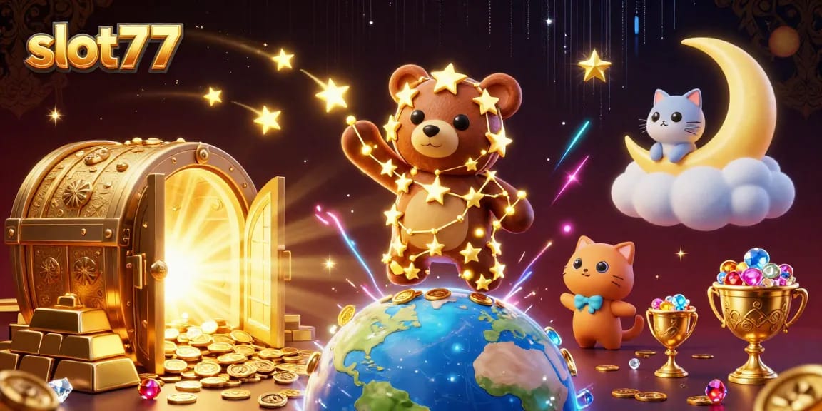 Spin the reels and win big with slot77 in a dazzling casino-themed scene.
