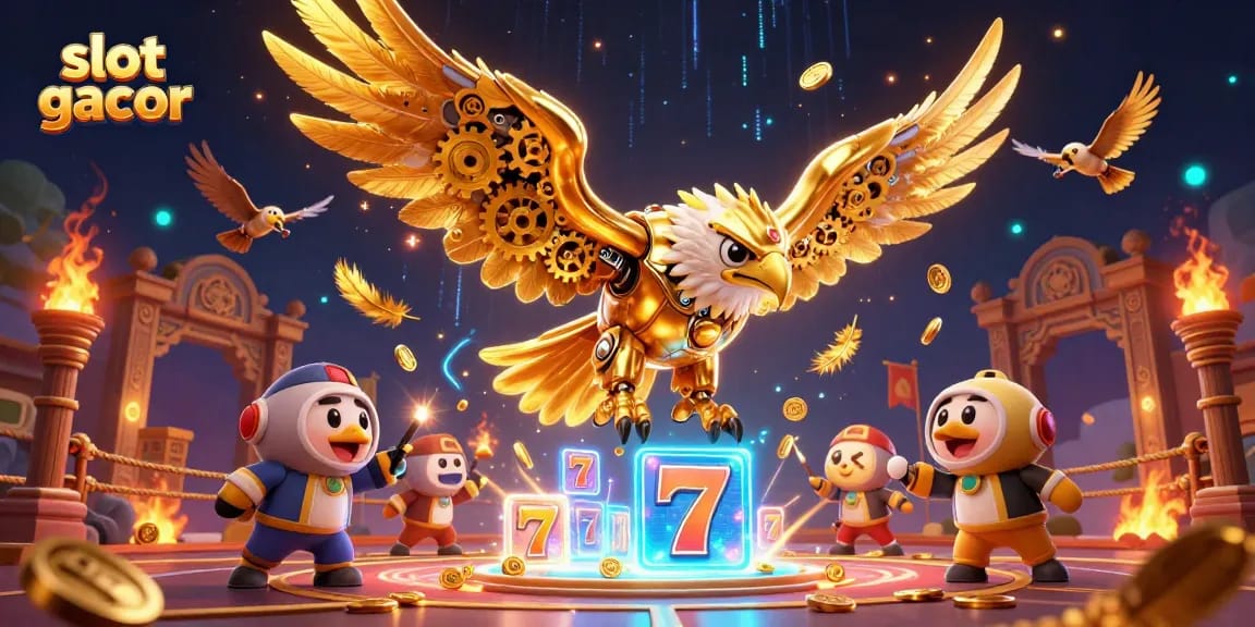 Slot gacor menarik perhatian pemain dengan simbol slot yang berkilauan dalam ilustrasi tiga dimensi yang memikat.