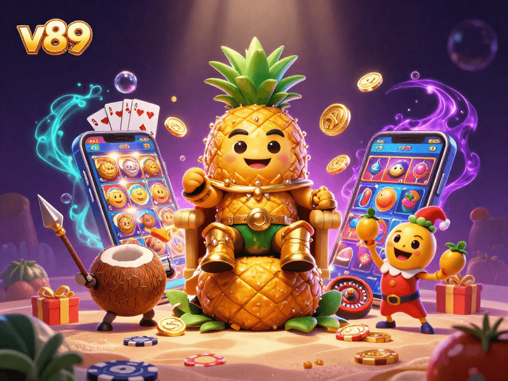 v89 menyajikan ilustrasi kasino digital 3D yang dinamis dengan raja nanas dan elemen permainan slot untuk menarik pemain.