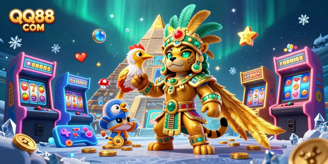 Play thrilling casino games at QQ88 COM while enjoying vibrant 3D illustration of characters and arcade elements in dynamic action.