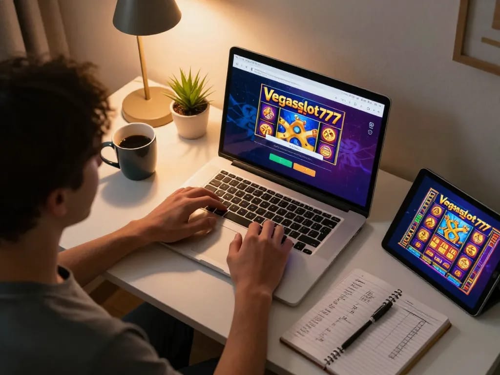 Engaging Vegasslot77 login scene featuring a person playing online slots at home with strategic notes.