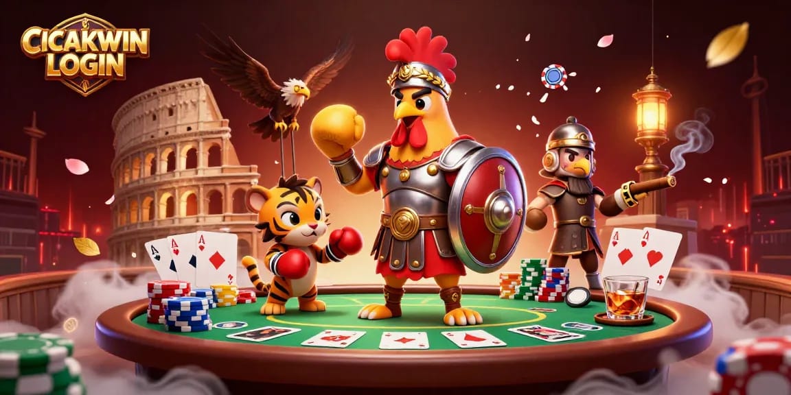 Grafis 3D CICAKWIN LOGIN menampilkan ayam jantan Romawi dengan elemen kasino dan suasana berenergi.