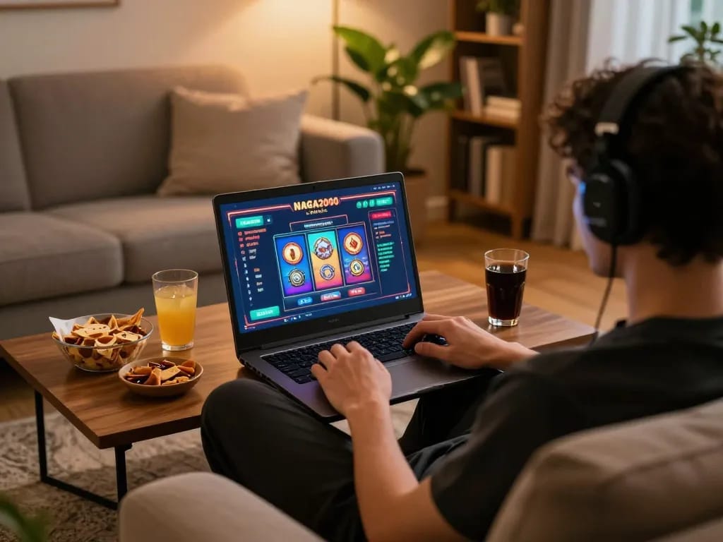 NAGA2000 player engaging in online slot game from home, showing excitement and focus on the screen