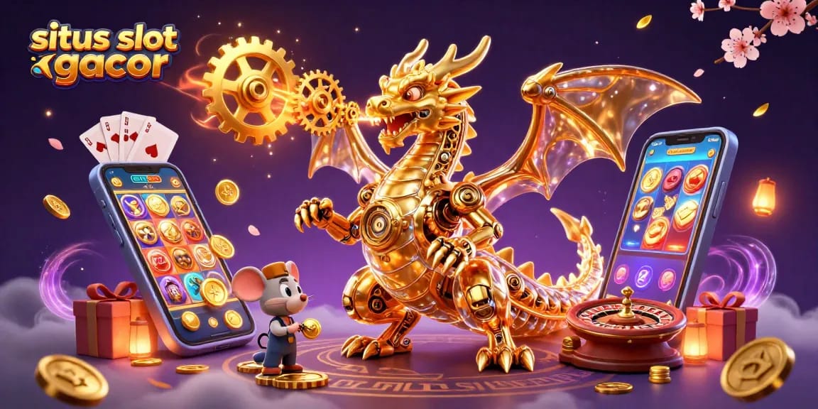 Raih keberuntungan di situs slot gacor dengan ilustrasi naga emas dan elemen permainan menyenangkan.