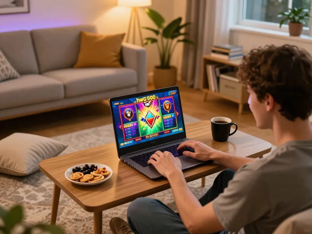 Pemain yang terlibat menikmati slot online hwg500 di lingkungan rumah yang nyaman dengan camilan.