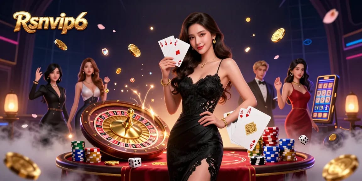 Terlibatlah dengan suasana kasino Rsnvip6 yang hidup, menampilkan wanita Asia yang menawan dengan kartu as dan elemen permainan yang dinamis.