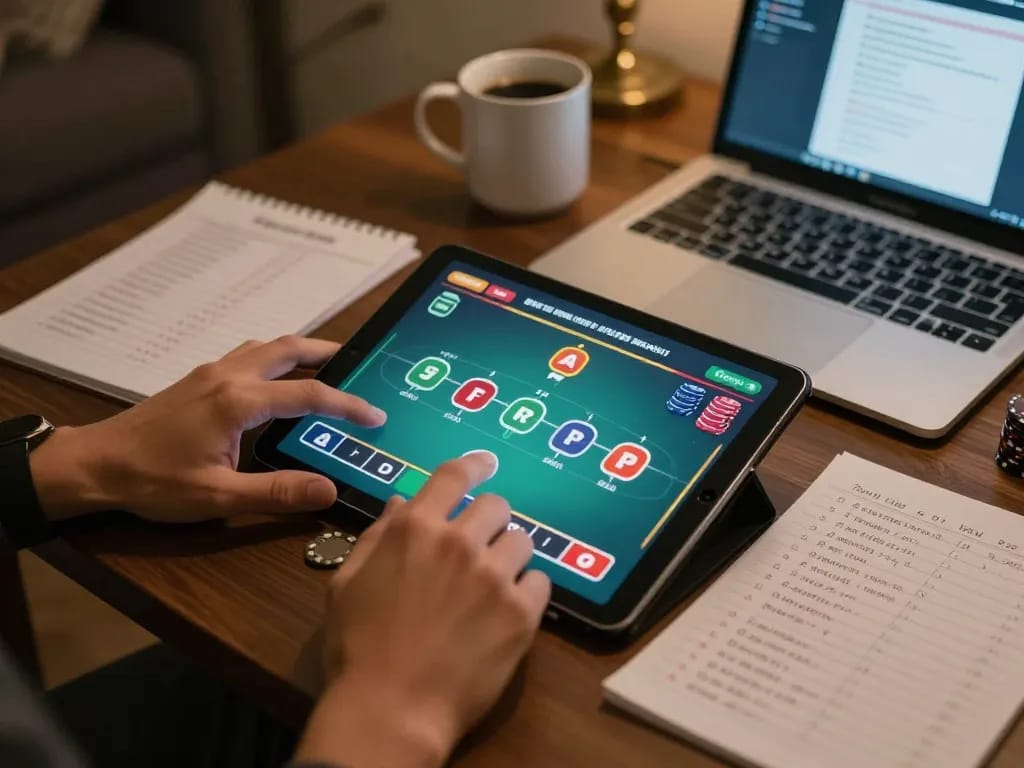Engaging with a situs gacor online poker game on a tablet amidst strategic betting notes and coffee.
