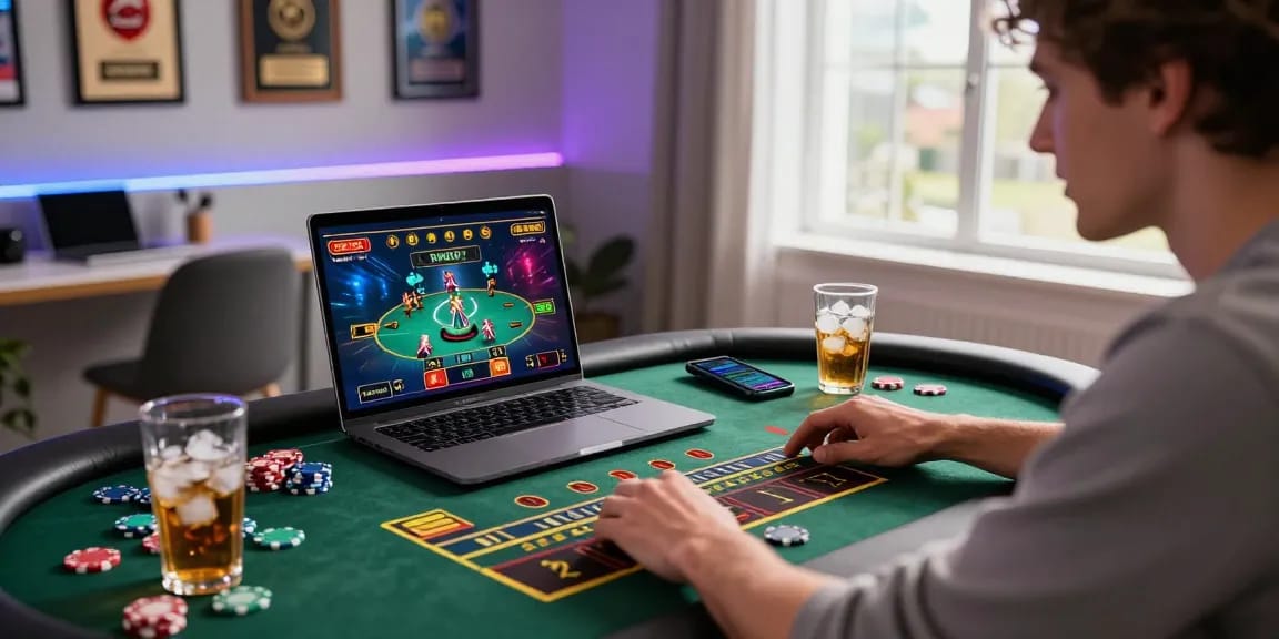 Engaged player enjoying SC88 online gaming session at home with vibrant elements and modern setup.