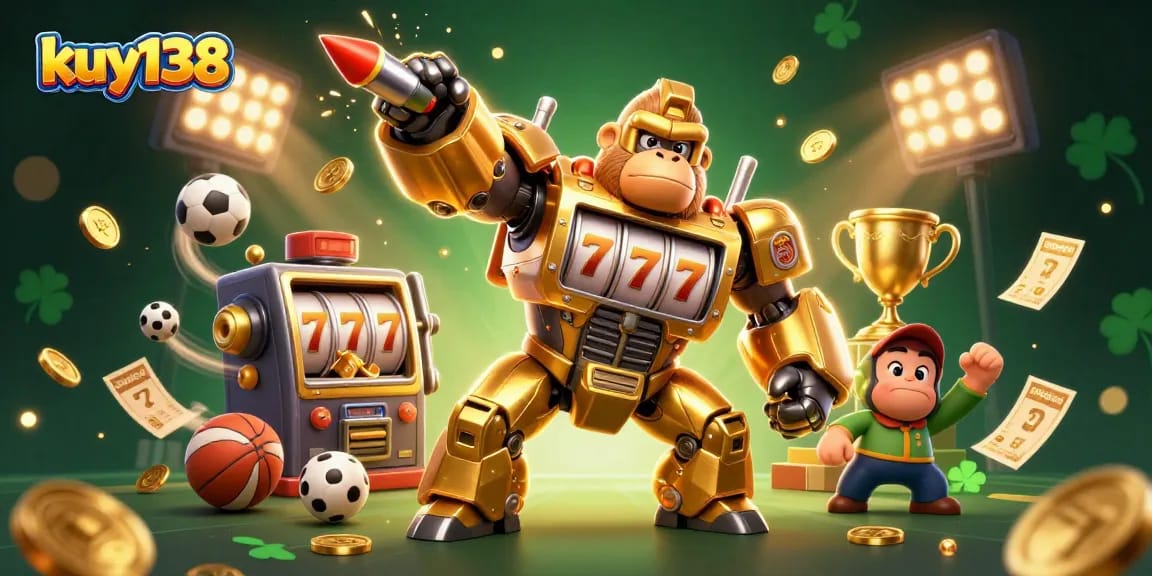 Gorila emas mekanik kuantitas dari kuy138 menampilkan slot dan bola olahraga beraksi.