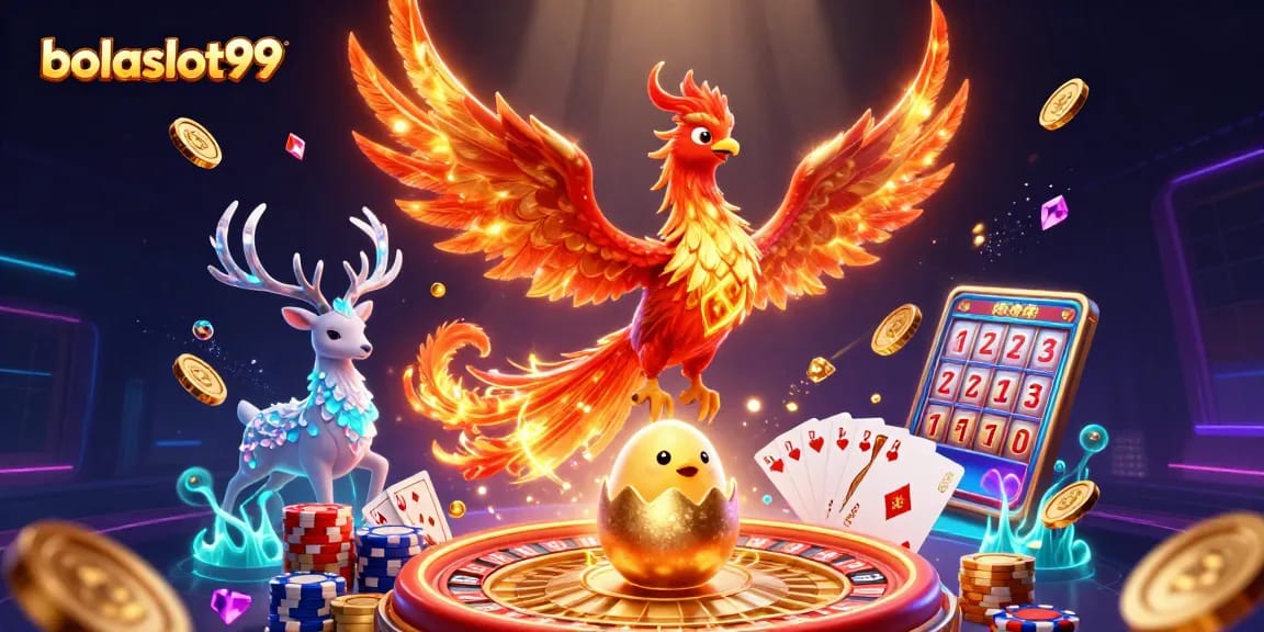 Experience the excitement of bolaslot99 with a dynamic casino scene featuring a fire phoenix and riches.