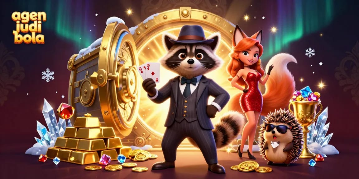 Engage in thrilling bets at agen judi bola, featuring a suave raccoon and a glamorous fox in a casino setting.