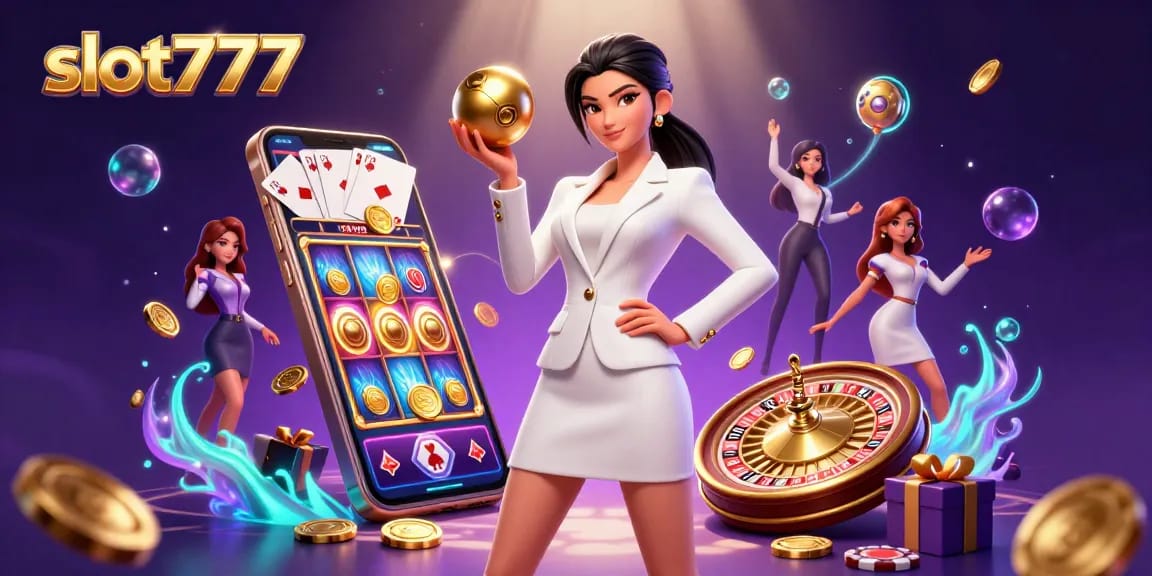 Experience thrilling slot777 action with a stunning 3D casino illustration featuring games and excitement.