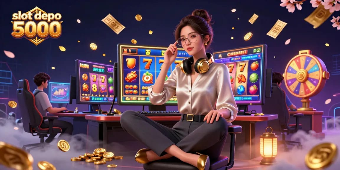Engage with slot depo 5000 in a vibrant gaming scene featuring dynamic slot machines and winning elements.