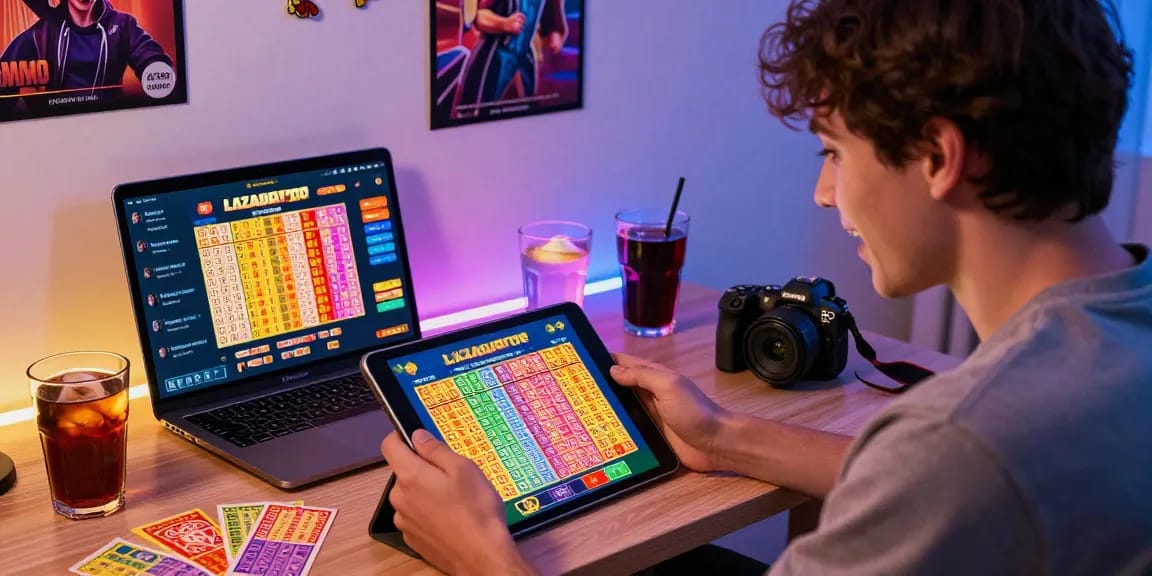 Pengguna terlibat dengan LAZADATOTO sambil memegang tablet, dikelilingi tiket lotere dan antarmuka digital yang cerah.