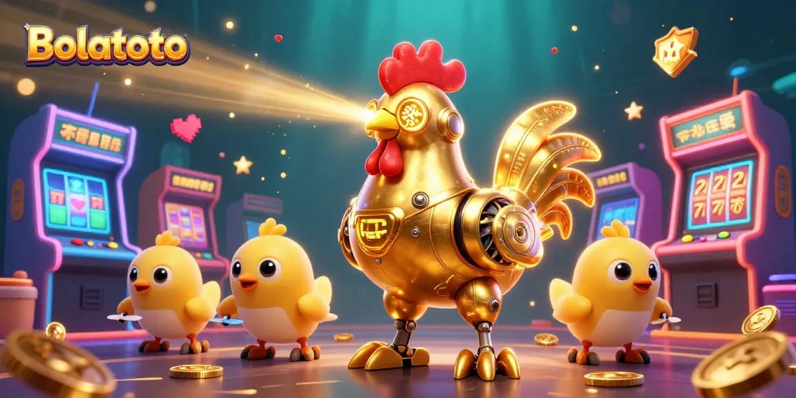 Engage in Bolatoto gaming with vibrant 3D illustrations of a golden rooster and arcade elements.