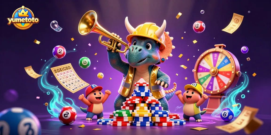 Experience yumetoto with a vibrant 3D illustration showcasing dynamic lottery action and celebration.