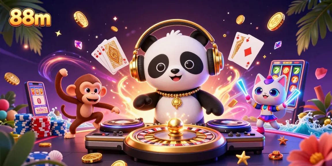 Engage with the thrilling 88m casino atmosphere featuring a DJ panda, dancing monkey, and glow-stick kitten.