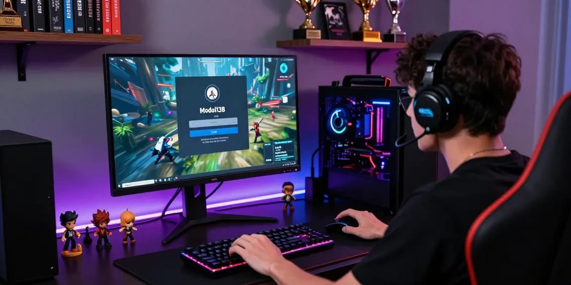 Login Modal138 dengan pengguna terfokus di meja gaming modern, aksesori permainan di sekitar.