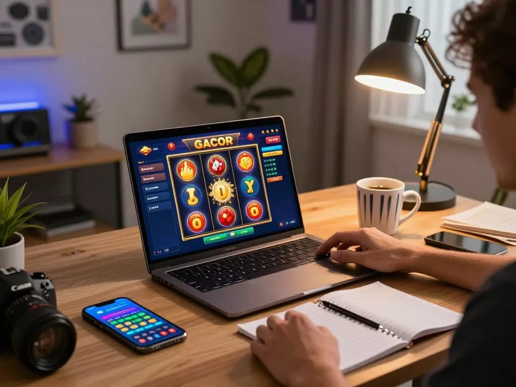 Engaging in a slot gacor game on a laptop, showcasing vibrant reels and a cozy gaming environment.
