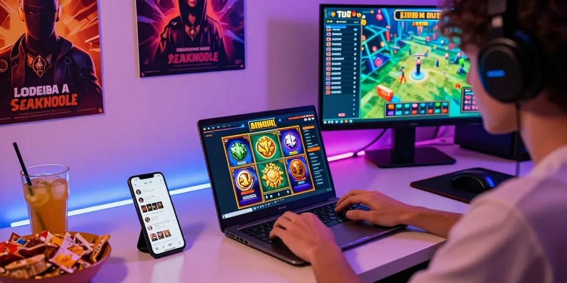 Exciting slot gaming experience featuring a player engaged with vibrant visual elements and a modern setup.