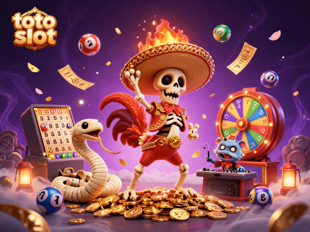 Menang besar di toto slot dengan pemain skeleton mariachi, ular mumi, dan hamster zombie di tengah keriuhan permainan.