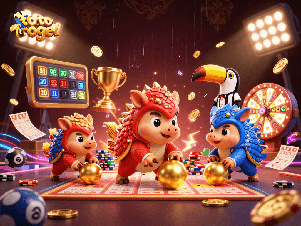 Engage in toto togel action with vivid pangolins and dynamic lottery elements in a colorful casino scene.