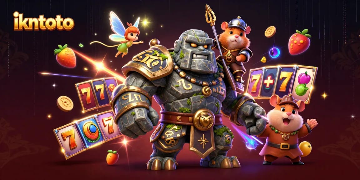 Experience the thrill of ikntoto with a vibrant illustration of an ancient golem guardian, a fairy, and a hamster knight amidst dynamic gaming elements.