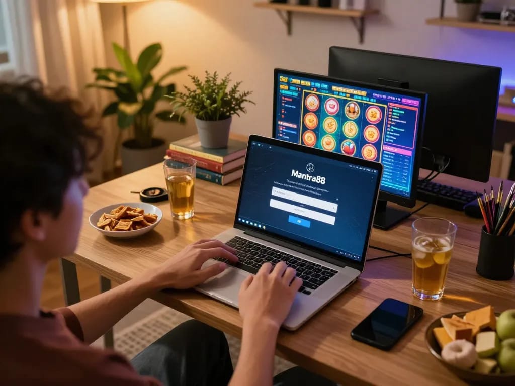 Engaging with mantra88 login on a laptop while enjoying a casual online gaming session