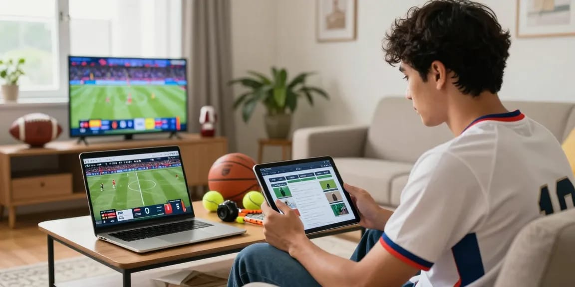 Pengunjung ikntoto menikmati informasi terbaru olahraga di tablet sambil dikelilingi memorabilia olahraga.